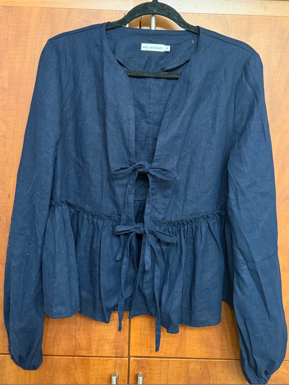 Avec Les Filles Navy Blue Tie-Front Peplum Top